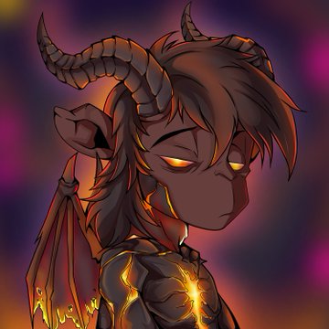 A digital illustration of a horned anime-style demon character with glowing orange eyes, brown hair, bat-like wings, and fiery yellow cracks on dark skin against a purple and pink background.