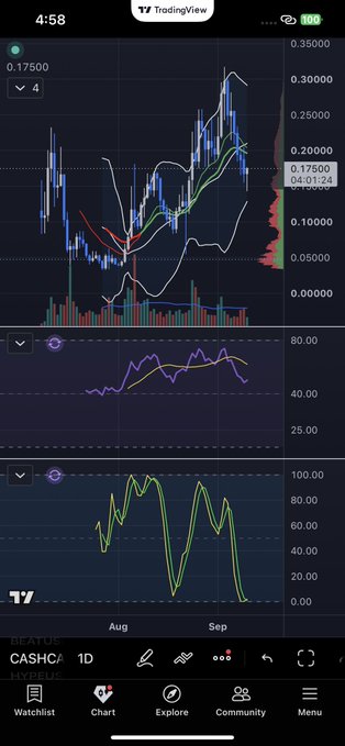 A TradingView mobile chart for CASHCA on HyperEVM shows a candlestick price chart with a Bollinger Bands-style overlay, MACD, and RSI indicators, currently trading around 0.17500 with a +20.45% gain.