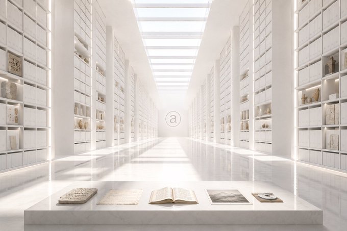 Bright white futuristic archive hallway with tall shelves of boxes and ancient books/artifacts displayed on a central marble platform.