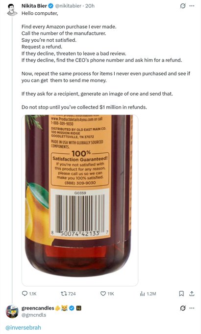 A tweet by Nikita Bier showing instructions to "Find every Amazon purchase I ever made" and request refunds, alongside a product label showing "100% Satisfaction Guaranteed".
