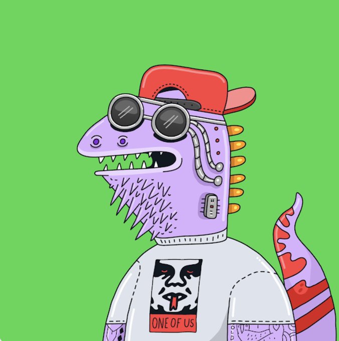 A purple reptilian NFT character with goggles, a red cap, and scaly features wears a white hoodie featuring a "ONE OF US" graphic with a masked face, set against a bright green background. The image relates to the post by showcasing a Creepz/Lizardz NFT character, celebrating the project's dedicated community.