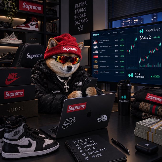 An AI-generated image of a Shiba Inu dog wearing a red Supreme beanie, sunglasses, and chains, sitting at a laptop trading on StockX with sneaker boxes, Nike, Gucci, and Supreme branding visible, plus a 'TRADE LIST' notebook.