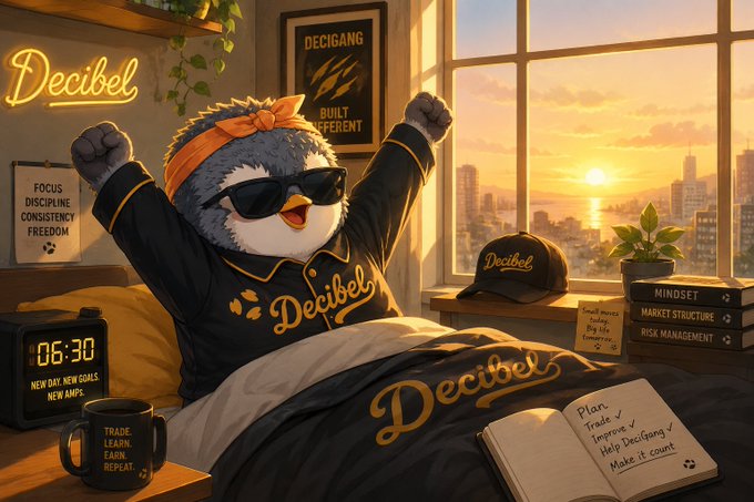 An illustrated scene of the Decibel penguin mascot stretching in bed at sunrise, surrounded by motivational trading items including a '06:30 NEW DAY. NEW GOALS' alarm clock, books titled 'MINDSET', 'MARKET STRUCTURE', and 'RISK MANAGEMENT', and a 'Decibel' branded mug with trading-related text.