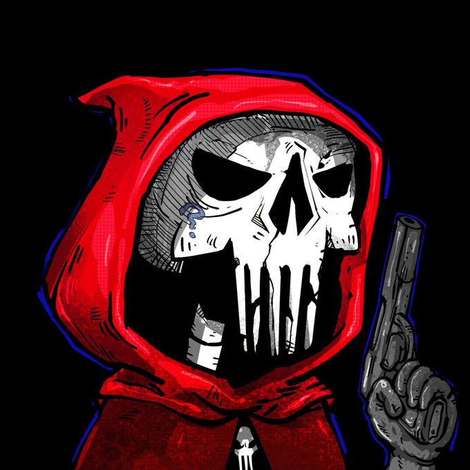 An illustration of a skeletal figure wearing a red hooded cloak and holding a revolver, set against a black background.