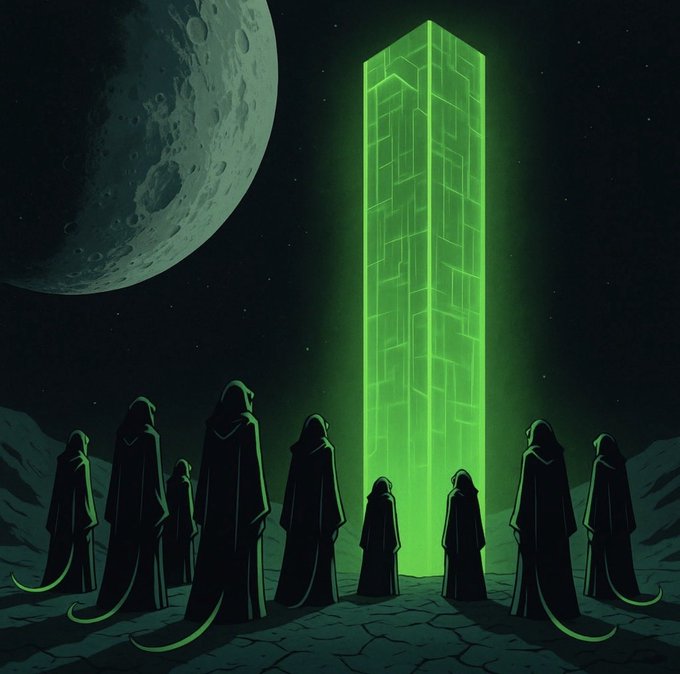 A group of hooded figures stands in reverence before a glowing green monolith on a barren landscape, with a large, detailed moon looming ominously in the night sky—evoking a mysterious lunar ritual that ties directly to the "MOON IS COMING" theme.