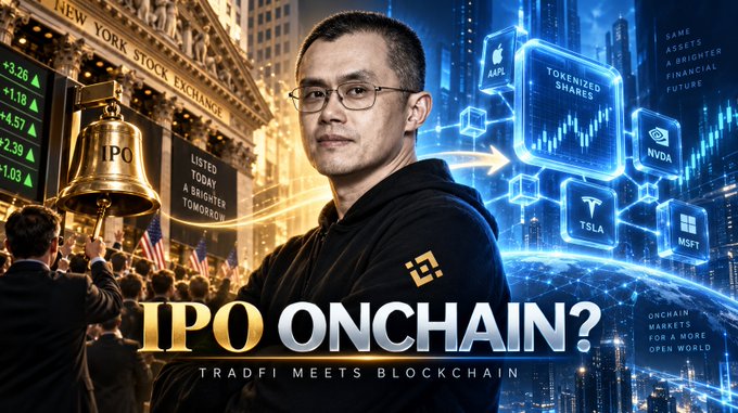 A thumbnail-style image titled 'IPO ONCHAIN? TRADFI MEETS BLOCKCHAIN' showing Changpeng Zhao in front of the New York Stock Exchange bell and tokenized stock icons (AAPL, NVDA, TSLA, MSFT).