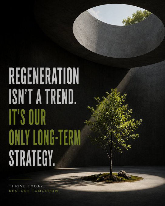 A sustainability-themed graphic featuring a small tree growing in a concrete structure with a circular skylight, displaying the text 'REGENERATION ISN'T A TREND. IT'S OUR ONLY LONG-TERM STRATEGY.' with 'THRIVE TODAY. RESTORE TOMORROW.' at the bottom.