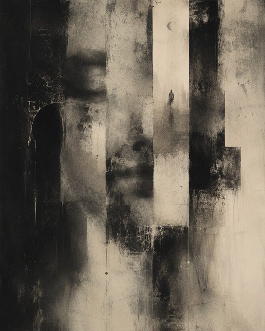 A moody, abstract monochromatic composition features dark, smudged vertical bands and shadowy, ghostly forms against a weathered cream background, evoking an atmospheric, dreamlike sense of an indistinct place or memory. It visually aligns with the post's poetic title, "A Place That Never Was," presenting a haunting, formless landscape that suggests absence and ambiguity rather than any specific location.
