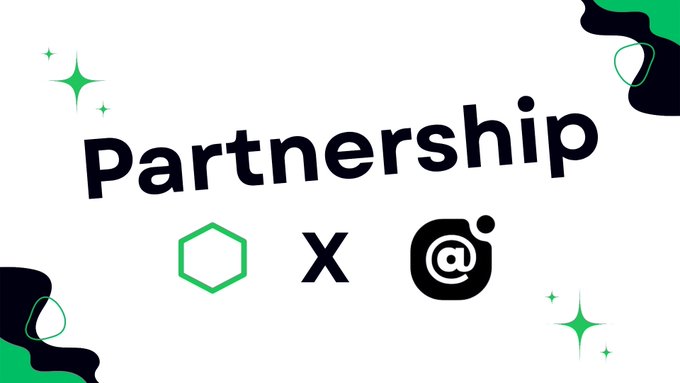 Partnership announcement graphic featuring a green hexagon logo next to an '@' symbol with 'X' between them, decorated with green sparkles and abstract shapes.