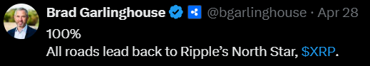 The image shows a man's face, possibly a photo of him or an illustration, with text that reads "Brad Garlinghouse 100%". The text also mentions that all roads lead back to Ripple's North Star. This could be interpreted as a metaphor for the idea that no matter how difficult life gets, there is always a way back to where you started by following certain paths and making good choices.
