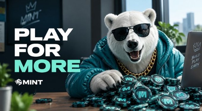Marketing image for 'MINT' with the slogan 'PLAY FOR MORE,' showing an anthropomorphic polar bear wearing sunglasses and a teal jacket surrounded by MINT-branded coins and chips.