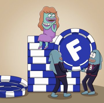 A cartoon illustration showing characters interacting with a large blue 'F' coin stack, with a masked figure sitting on top and two other characters handling tokens, with blue chips scattered on the floor.
