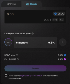 A mobile app screenshot showing a 'Classic' lockup interface with options for 'Prime', 'USDC' wallet at 56%, a 6-month lockup duration at 9.3% yield, USDC yield at 8.0%, and estimated SHUMA at 1.3%.