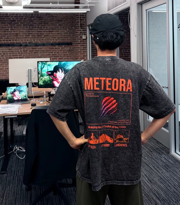 A person wearing a black cap and a "METEORA" branded t-shirt stands with their back to the camera, showcasing the shirt's graphic design featuring a meteor and "Building the #1 Toolkit of the Future" text. The image relates to the post about configurable liquidity, likely highlighting Meteora's presence in the DeFi/infrastructure space.