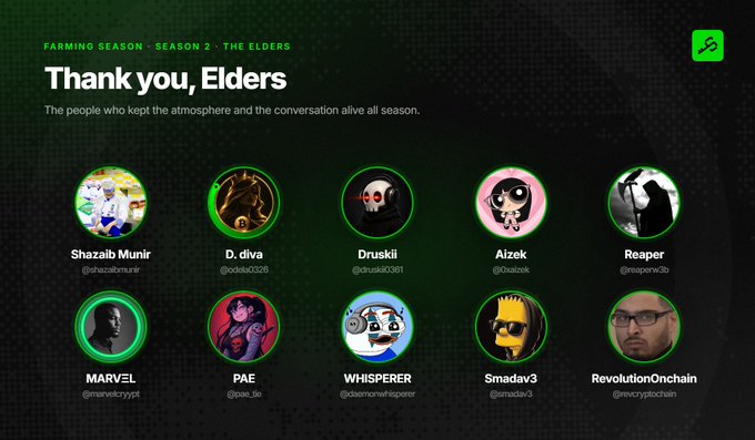 A 'Thank you, Elders' graphic for 'FARMING SEASON - SEASON 2', displaying ten circular profile pictures and usernames of community contributors.