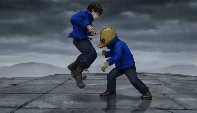 An animated scene depicting a young man in a blue jacket fighting against a yellow duck-headed character in a blue jacket on a rainy rooftop.