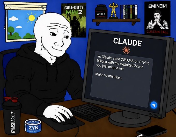 The image features a man sitting at a desk using a computer while wearing a black hoodie, which appears to be a cartoon character. The man has a serious expression as he looks at his computer screen. On the computer screen, there is an email from Claude, and it reads: "Yo Claude, send $WOJAK on ETH to billions with the exploited Zcash you just minted me. Make no mistakes."