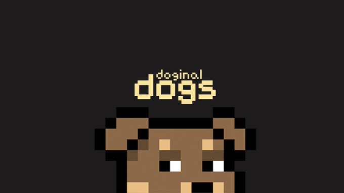 Pixel art on a black background displays a brown dog character beneath the text 'dosinal dogs'.