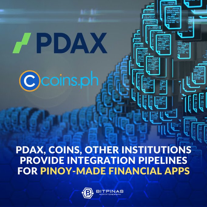 The image features a poster for an event called "Build the Future of Finance" that aims to develop financial applications using blockchain technology. The poster includes a blue background with white text, which highlights the importance of integrating finance into the digital asset ecosystem. It also mentions that there are other institutions providing integration lines and that these services can be used by Filipino-made financial apps.