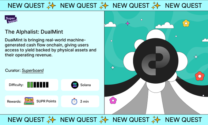 A promotional graphic for 'The Alphalist: DualMint' quest by Superboard, featuring Solana blockchain and rewards of SUPR Points, set against a cartoon landscape with a flower logo.
