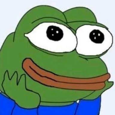 The classic Pepe the Frog meme illustration showing a green frog with large glossy eyes and a slight smile wearing a blue shirt.