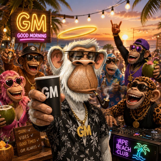 A vibrant AI-generated beach party scene featuring anthropomorphic monkeys in sunglasses with text 'GM GOOD MORNING' and 'APE BEACH CLUB', along with a checklist reading 'SUN ✓ VIBES ✓ GOOD TIMES ✓ GM ALWAYS ✓'.