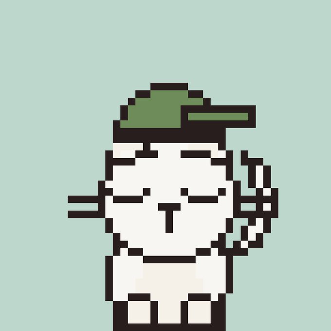 A pixel art illustration of a white cat wearing a green military-style hat, shown with closed eyes against a light mint green background.