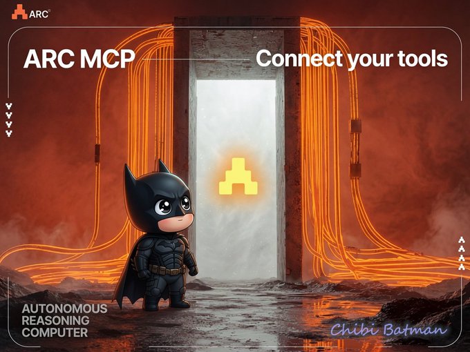 A chibi Batman character stands before a glowing portal framed by orange cables, with text reading "ARC MCP - Connect your tools" and "AUTONOMOUS REASONING COMPUTER," visually symbolizing ARC Terminal's MCP servers acting as a secure gateway that lets AI agents like ANIMA connect to external tools while keeping user credentials encrypted on the client side.