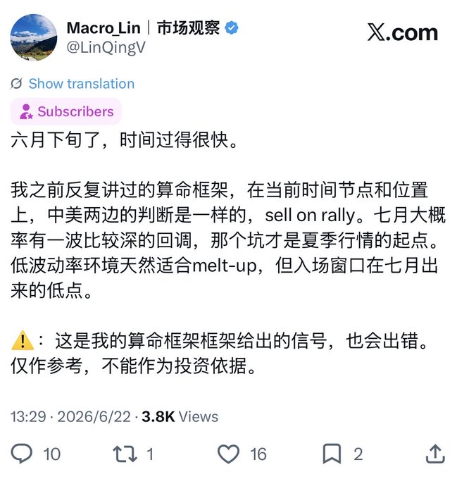 The image is a tweet from @LinQingV dated June 22, 2026, advising followers to "sell on rally" in both US and Chinese markets, predicting a deeper pullback in July as the starting point for a summer rally. The accompanying post notes that this date coincidentally marked the peak of the FEI half, validating the framework's timing despite its disclaimers.