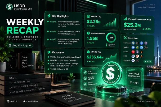 A dark green USDD weekly recap graphic dated Aug 10–Aug 16 highlights USDD TVL of $2.25B, circulation of 1.55B, protocol investment yield of $25.2M, and sUSDD TVL of $235.64M.