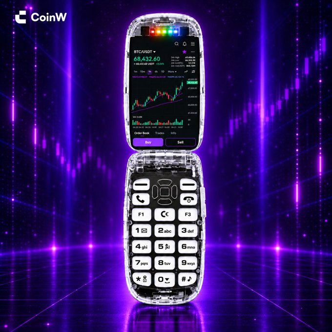 An advertisement for the CoinW cryptocurrency exchange shows a transparent flip phone displaying a BTC/USDT trading chart with a price of 68,432.60, set against a vibrant purple background with neon light streaks.