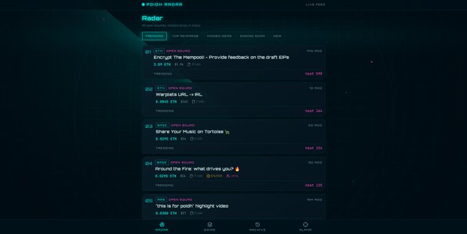 A screenshot of a Pump.fun website interface showing a 'Radar' section with trending tokens, including 'Encrypt The Mempool,' 'warplet.URL,' 'Share Your Music on Tortose,' 'Around the Fire: what drives you? 🔥,' and 'This is for gold: highlight video.'
