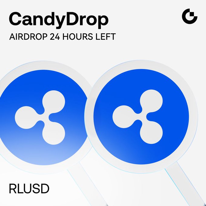 A promotional banner for "CandyDrop" featuring the text "AIRDROP 24 HOURS LEFT" and "RLUSD," along with two blue Ripple logo icons, highlighting an airdrop event for RLUSD with up to 310 RLUSD in rewards available at gate.com.