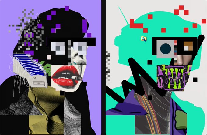 A vibrant digital collage artwork featuring two abstract faces with pixelated elements, featuring red lips on a purple background on the left and geometric shapes on a teal background on the right.
