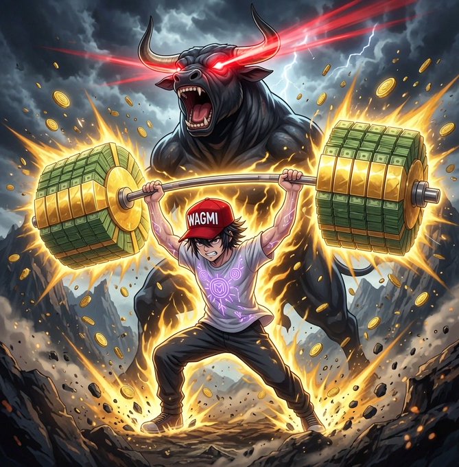 Anime-style artwork of a character wearing a 'WAGMI' cap lifting a barbell with money stacks as weights, while a glowing red-eyed bull charges behind him amid explosions and lightning.