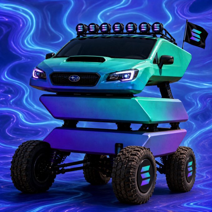 A stylized 3D render of a teal Subaru WRX modified into an extreme 6-wheeled off-road vehicle with large tires, roof lights, and a flag, set against a wavy blue background.