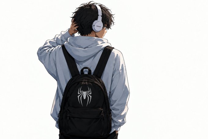 An anime-style illustration of a person seen from behind, wearing a light blue hoodie, a black backpack featuring a white spider logo, and white over-ear headphones, against a plain white background.