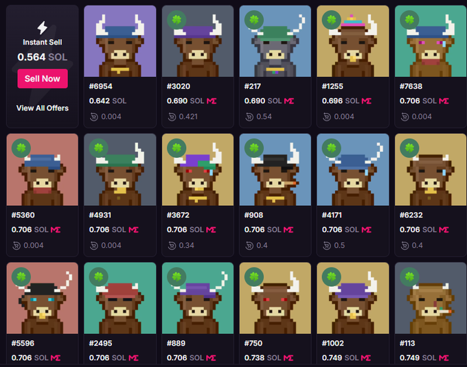 A marketplace interface showing pixel-art NFT characters priced in SOL, with an 'Instant Sell' option at 0.564 SOL and various listed items with prices ranging from 0.642 to 0.749 SOL.