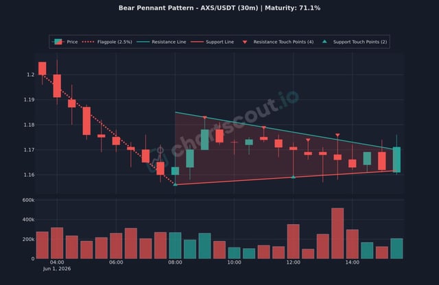 The image presents a technical chart with lines that go both up and down, indicating fluctuations in price trends of an asset like Axs (American S&P 500) or USDT over time. The most significant peaks are at the top left and right corners which suggests they have been historically very high. The middle part of the chart shows a downward trend possibly due to bear market conditions. The chart also indicates that there is support available, and this information might be helpful for analyzing price patterns in the asset's trading environment.