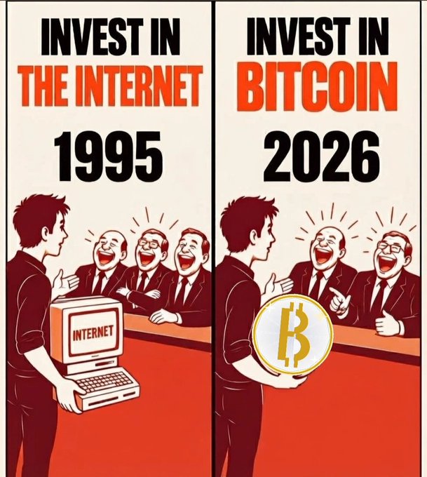 A two-panel vintage-style illustration comparing 'INVEST IN THE INTERNET 1995' featuring a person holding a computer labeled 'INTERNET', and 'INVEST IN BITCOIN 2026' featuring a person holding a large Bitcoin coin, with businessmen laughing at both.