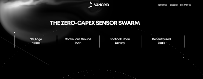 Screenshot of the VanGrid website header titled 'THE ZERO-CAPEX SENSOR SWARM' featuring sections for '18+ Edge Nodes', 'Continuous Ground Truth', 'Tactical Urban Density', and 'Decentralized Scale'.