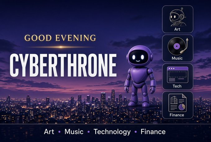 A graphic design featuring a purple robot mascot on a city skyline at night, with the text 'GOOD EVENING CYBERTHRONE' and category buttons for 'Art', 'Music', 'Tech', and 'Finance'.