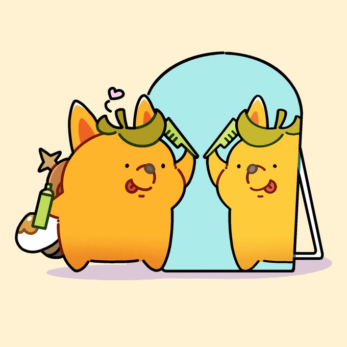 A fluffy orange fox-like creature admires its reflection in a mirror while holding hair coloring tools, with a small heart floating above its head. The cute illustration cleverly ties to the post about an "Axie PFP" (profile picture) and "testing smt" (something), showcasing the character styling its appearance to potentially become someone's profile picture.