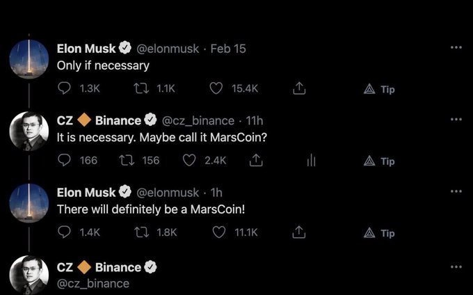 A screenshot of a Twitter thread showing an exchange between Elon Musk and CZ Binance, where CZ suggests naming a new cryptocurrency "MarsCoin" and Musk agrees, saying "There will definitely be a MarsCoin!"