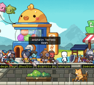 A 3D pixel-art recreation of the OnChain Heroes (OCH) lobby, featuring a large yellow duck-headed character above a bustling town square where players with usernames like "deon_payn," "jthwuln," "8xentix," "wu," "chryce," and "joecan" gather. The scene includes colorful balloons, shops, and a small orange cat, matching the playful vibe of the original game lobby.