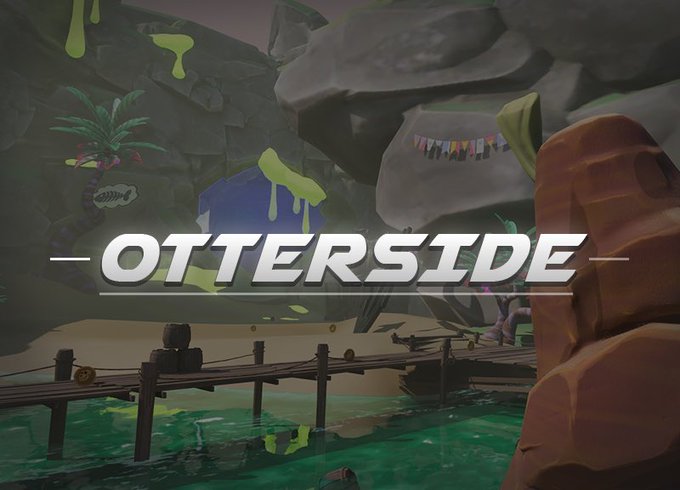 The title screen for the video game 'OTTERSIDE,' showing a stylized 3D scene with a cave-like environment, green water, wooden docks, and dripping green slime.
