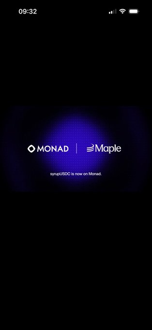 A mobile screenshot showing a 'Monad | Maple' partnership announcement that 'syrupUSDC is now on Monad.'