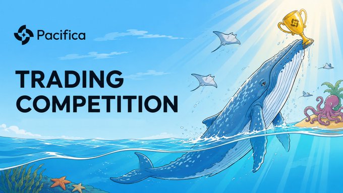 The illustration shows a Pacifica promotional banner for a "Trading Competition," featuring a large blue whale breaching the ocean surface holding a golden trophy in its mouth, accompanied by manta rays, an octopus, starfish, and the Pacifica logo in the top left corner. The celebratory imagery of a prize-winning whale aligns with the wrap-up announcement, symbolizing the victorious conclusion of the trading competition and the champions who rose above the rest.
