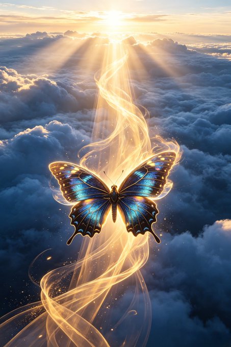 A vibrant digital artwork depicting a blue and gold butterfly with glowing golden light trails, set against a backdrop of clouds and sunlight breaking through the sky.