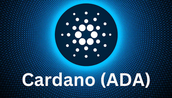 The Cardano (ADA) cryptocurrency logo featuring a pattern of white dots on a dark blue circle with a glowing cyan halo, with the text 'Cardano (ADA)' below.